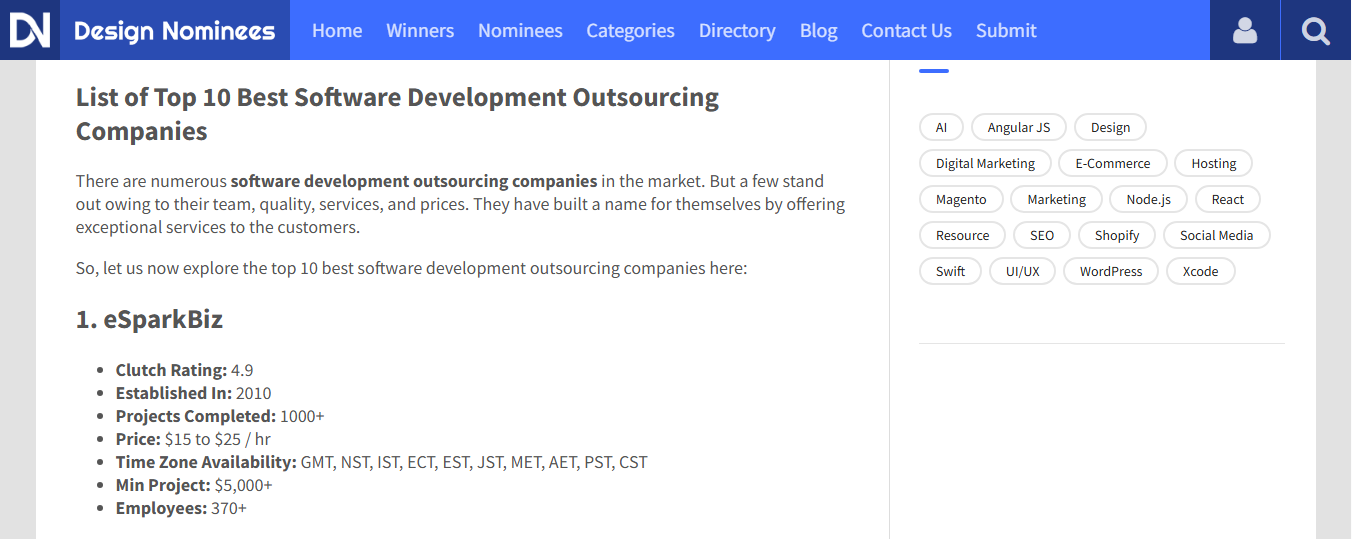 eSparkBiz Leads the Design Nominees’ Top 10 Software Development Outsourcing Companies List 1 Design Nominees