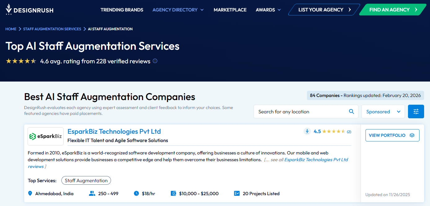 eSparkBiz Earns Recognition as a Top AI Staff Augmentation Provider by DesignRush 1 Top AI Staff Augmentation Provider by DesignRush