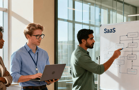 Team of professionals discussing SaaS development at eS company.